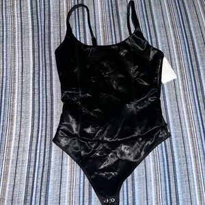 Good American black leather body suit
